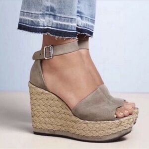 Stuart Weitzman Soho Jute Gal Topo Taupe Suede Espadrille Wedge Sandal 9M